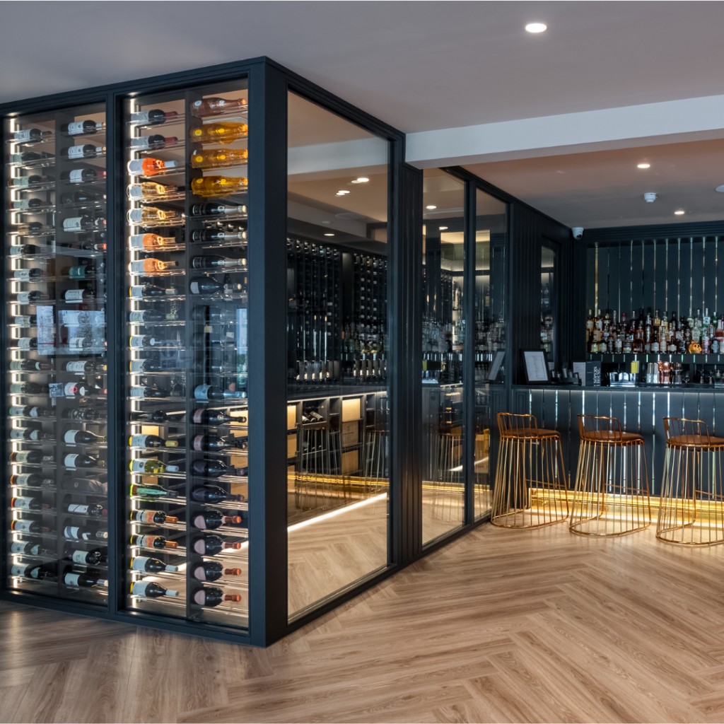 A view of the glass wine wall display at Sopers House private members club.