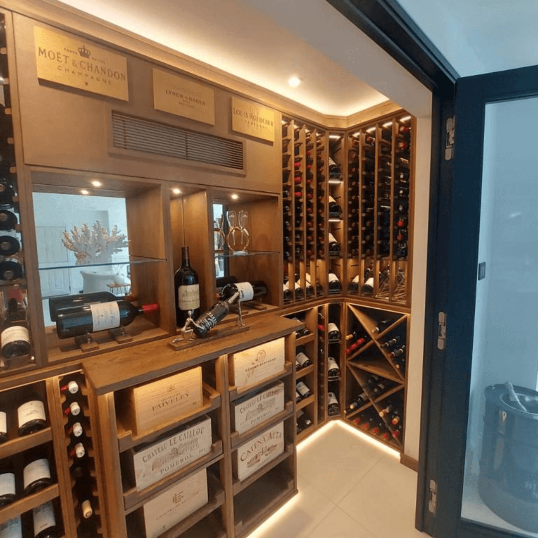 a custom wine cellar with a wine cabinet