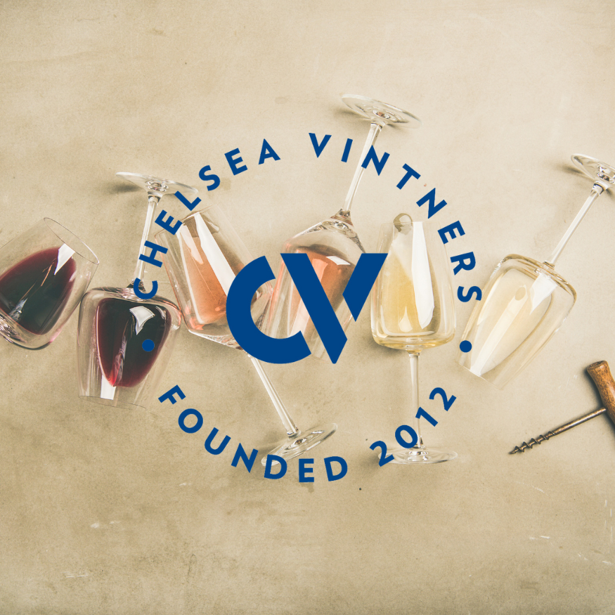 The Chelsea Vintners Logo with wine glasses and bottle openers as a background