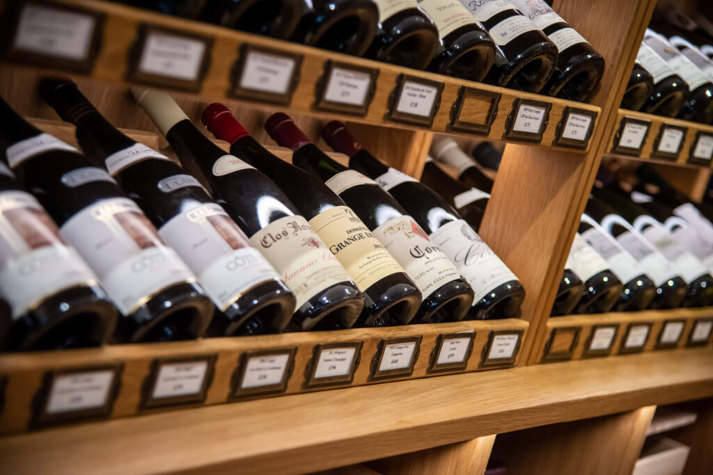 rows of angled bottles showing the labels