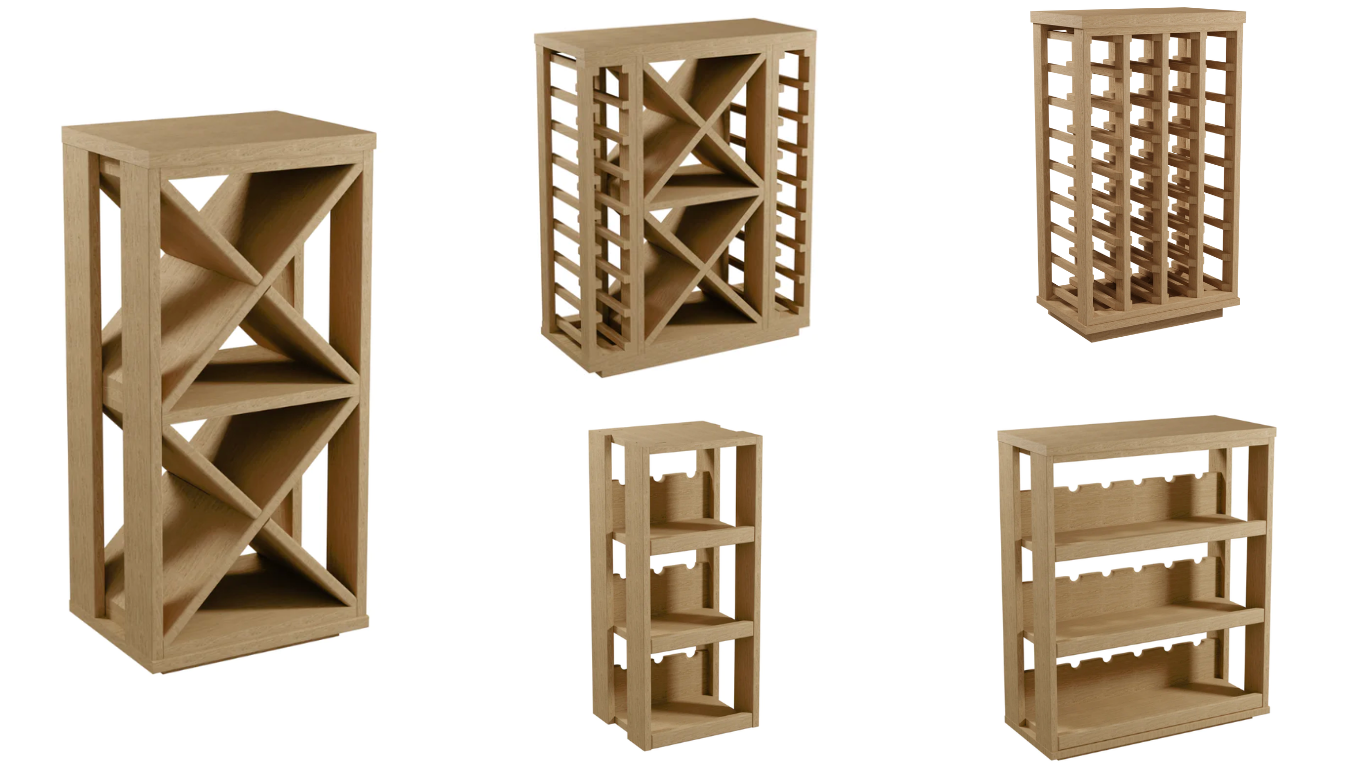 An image showing the 5 different modular wine racks units of Avino by Sorrells.