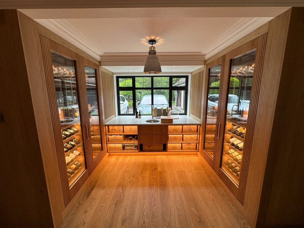 two milano reeded wine walls with a central entertainment space