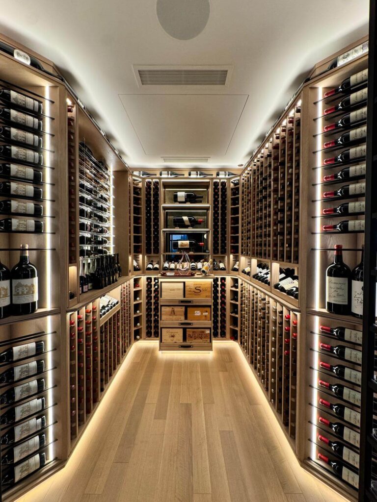 Chicago custom wine cellar with European oak racking
