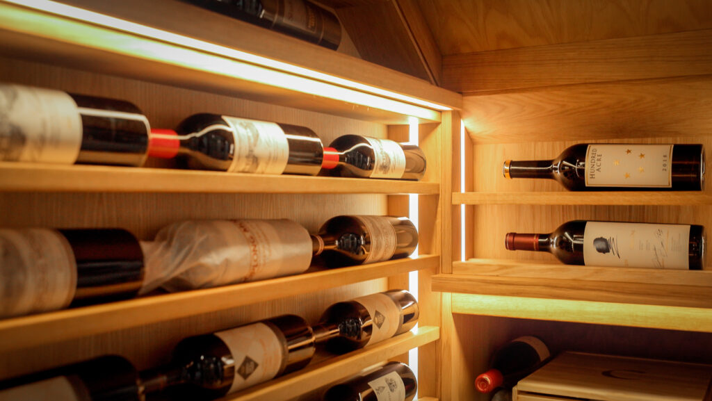 scallop wine racking with bottles laid upon